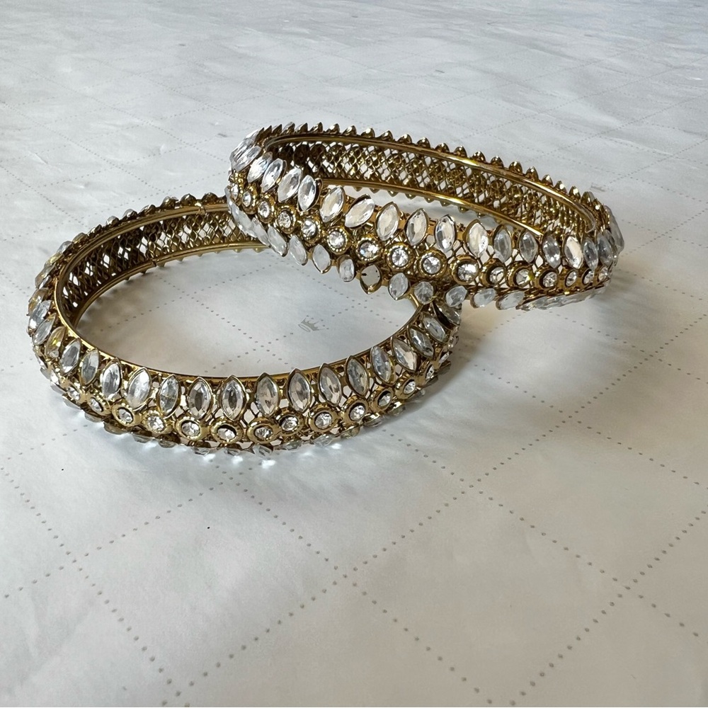 Gold Kundan Bangles with Silver Crystal Diamonds